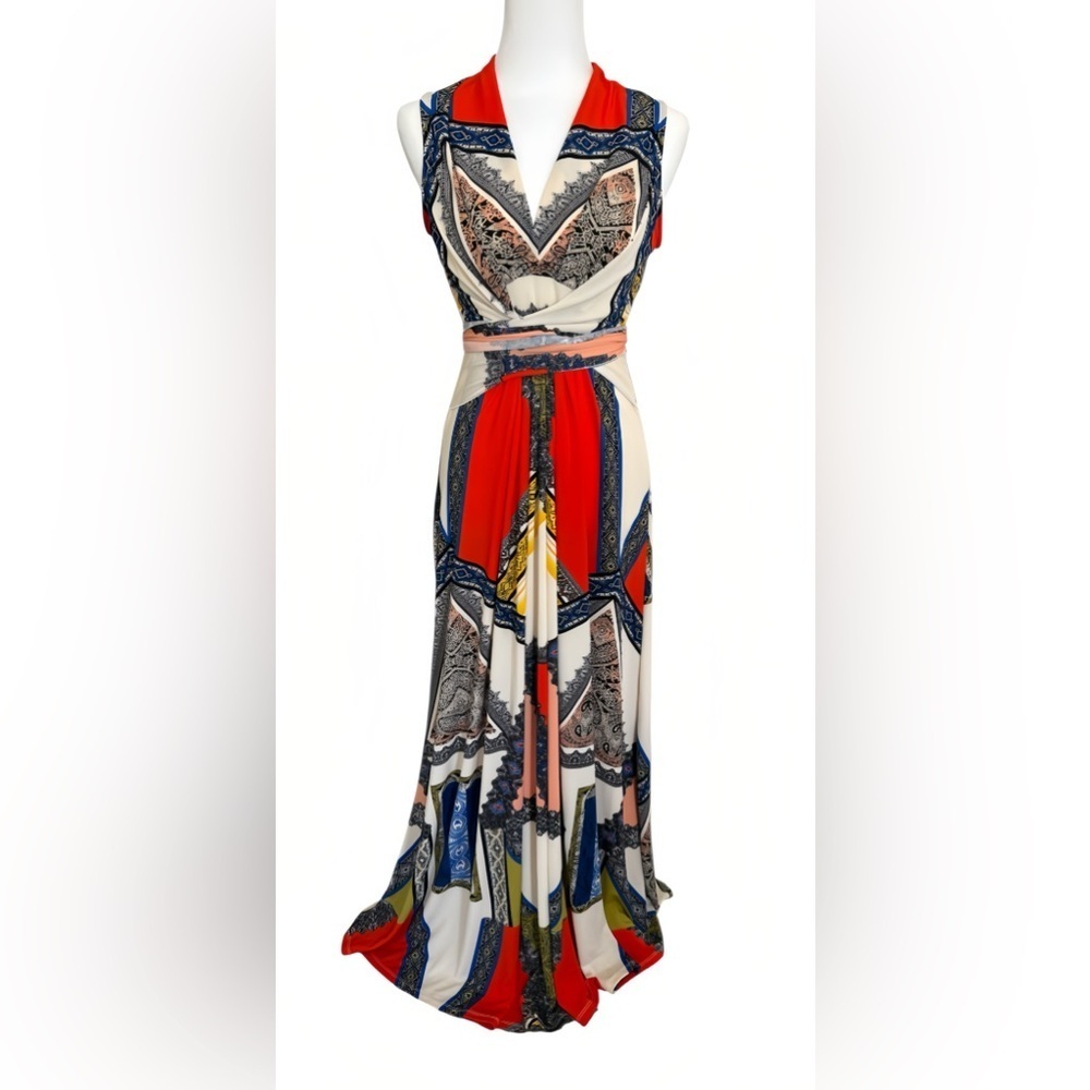 Boston Proper Sleeveless Maxi Dress M Multicolor Boho Patchwork V-Neck Tie Waist